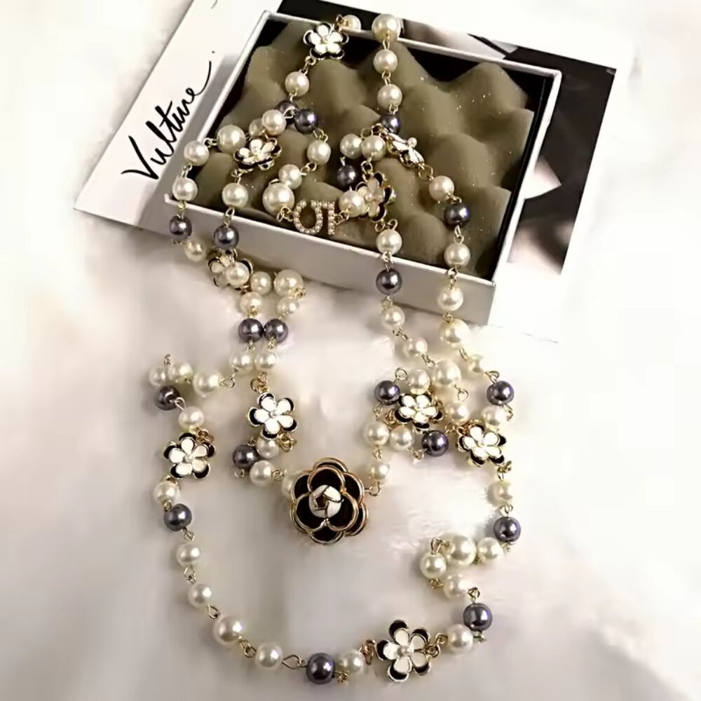 New Pearl Camellia Number5 Flower Double Long Necklace - Picture 1 of 16